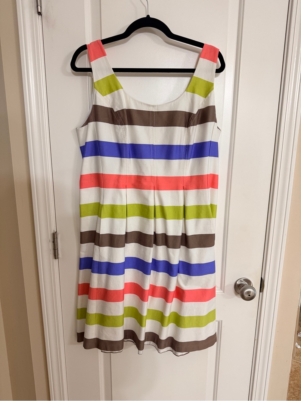 Nine West Sleeveless Striped Dress in White, Coral, Blue, Lime & Brown
